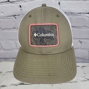 Columbia Buffalo Patch‎ Hat Mens S/M Mesh Fitted Olive Green Ball Cap Flaw